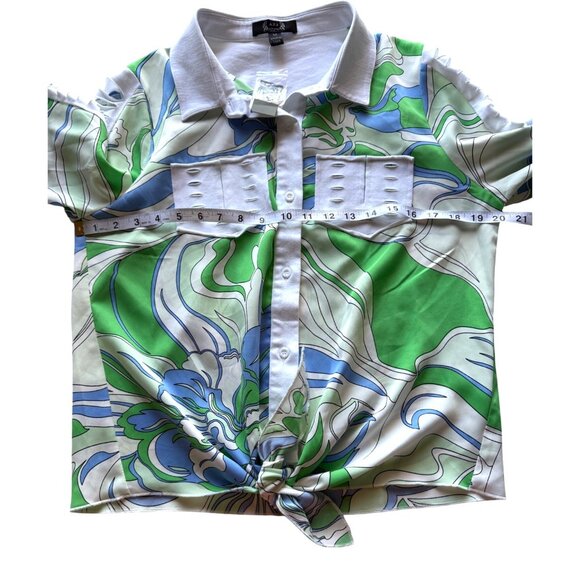 A.Z.I. Womens Top Long Sleeve Button Up Green Blue Floral Print Artsy Size M NEW - Picture 5 of 8
